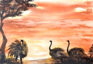 136. Ostriches At Sunset (Print) - Marietjie Viljoen Art